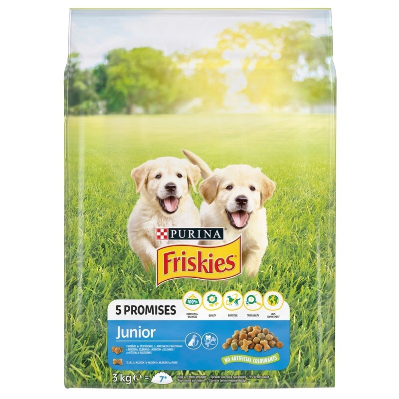 Karma dla psa FRISKIES 5 Promises Junior z kurczakiem i warzywami z mlekiem 3 kg
