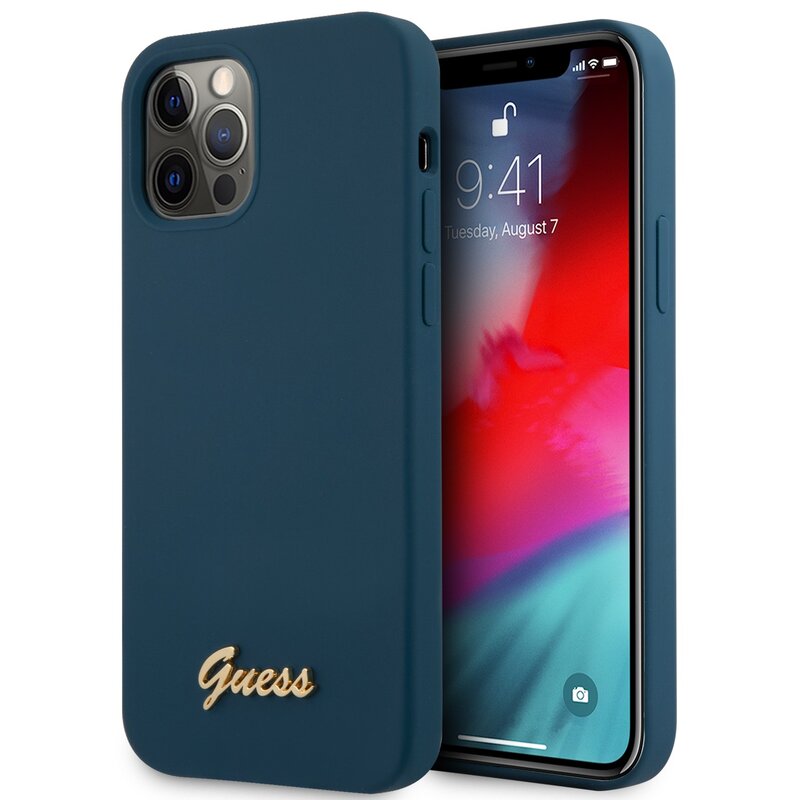 Etui GUESS Metal Logo Script do Apple iPhone 12 Pro Max Niebieski