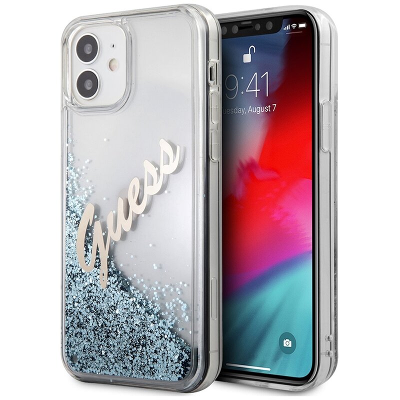 Etui GUESS Glitter Vintage Script do Apple iPhone 12 Mini Niebieski
