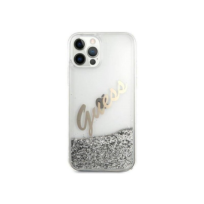 Etui GUESS Glitter Vintage Script do Apple iPhone 12 Pro Max Srebrny