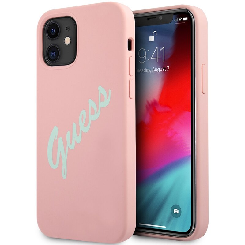 Guess Silicone Vintage Script GUHCP12SLSVSPG do iPhone 12 mini Różowo-zielony