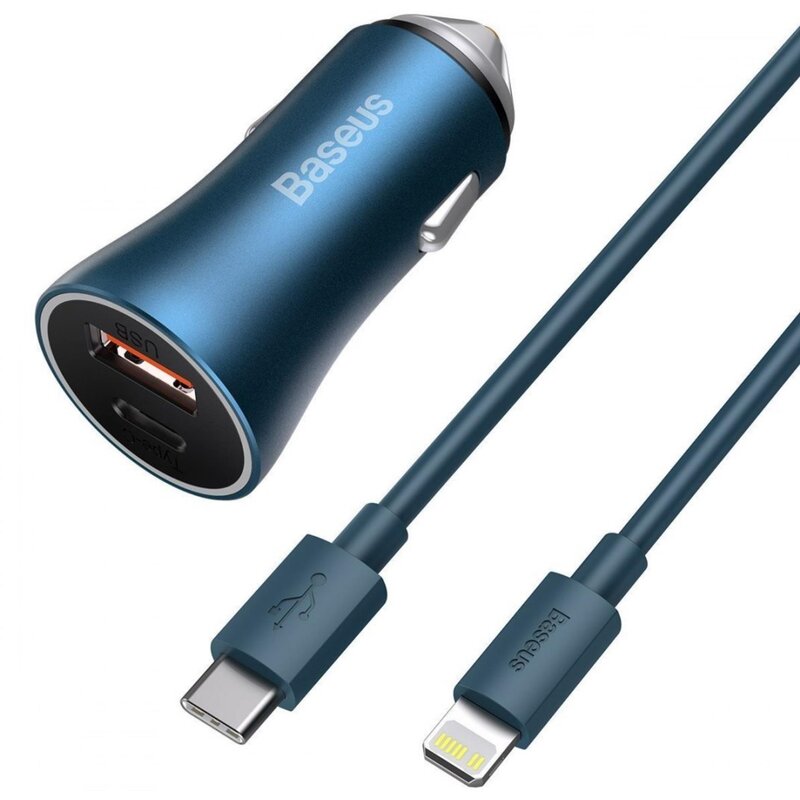Ładowarka samochodowa BASEUS Golden Contactor Pro 40W Niebieski + kabel USB-C-Lightning
