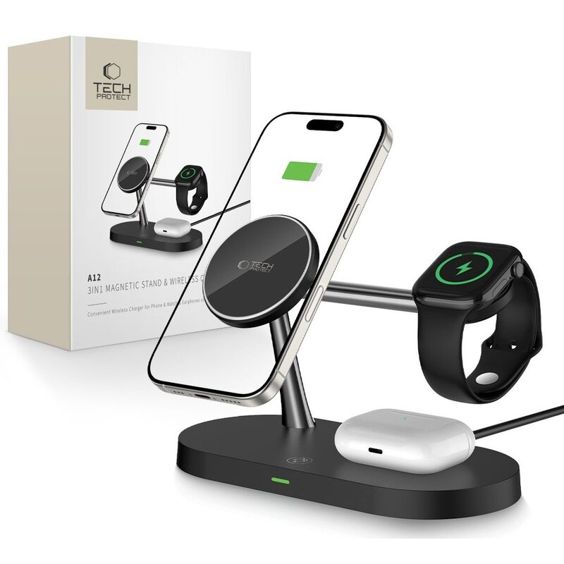 Ładowarka indukcyjna TECH-PROTECT A12 3in1 Magnetic  15W Czarny MagSafe