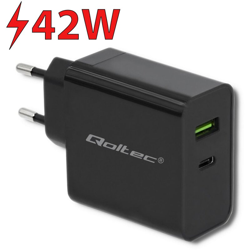 Qoltec Ładowarka sieciowa | 45W | 5-20V | 2.25-3A | USB typ C PD | USB | Czarna