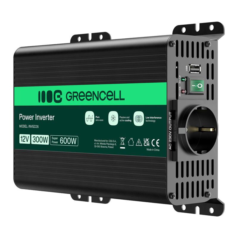 Przetwornica GREENCELL Pro 12V na 230V 300W/600W Czysta sinusoida