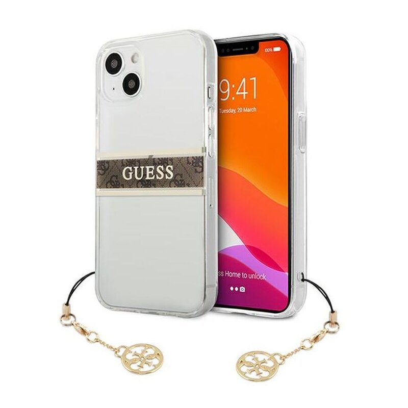 Etui GUESS 4G Stripe Brown Charm do Apple iPhone 13 Mini Przezroczysty