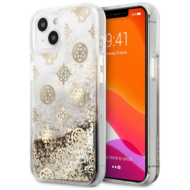 Etui GUESS Peony Liquid Glitter do Apple iPhone 13 Mini Złoty