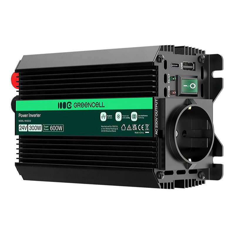 Przetwornica GREENCELL Pro 24V na 230V 300W/600W Modyfikowana sinusoida