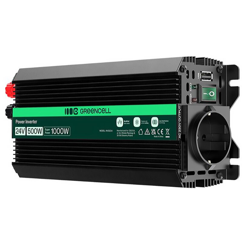 Przetwornica GREENCELL Pro 24V na 230V 500W/1000W Modyfikowana sinusoida