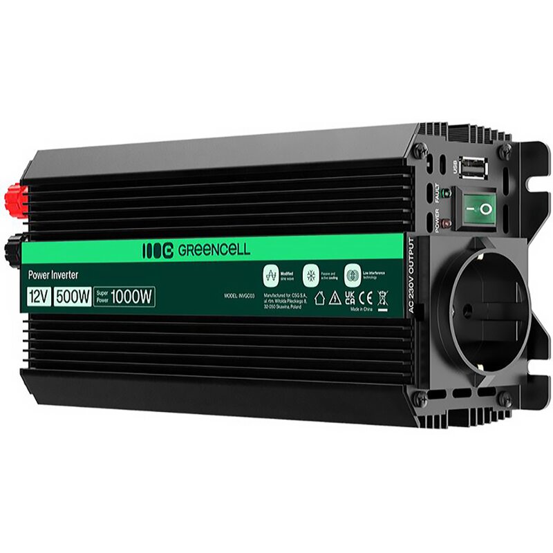 Przetwornica GREENCELL Pro 12V na 230V 500W/1000W Modyfikowana sinusoida
