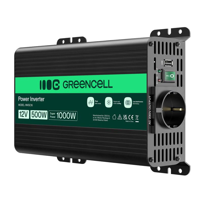 Przetwornica GREENCELL Pro 12V na 230V 500W/1000W Czysta sinusoida