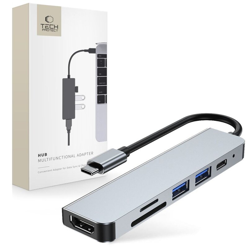 Stacja dokująca TECH-PROTECT V4-HUB 6w1 USB Typu C, Pasywna Szary