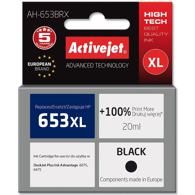 Activejet AH-653BRX Tusz do drukarek HP; Zamiennik HP 653XL 3YM75AE; Premium; 720 stron, 20 ml, czarny