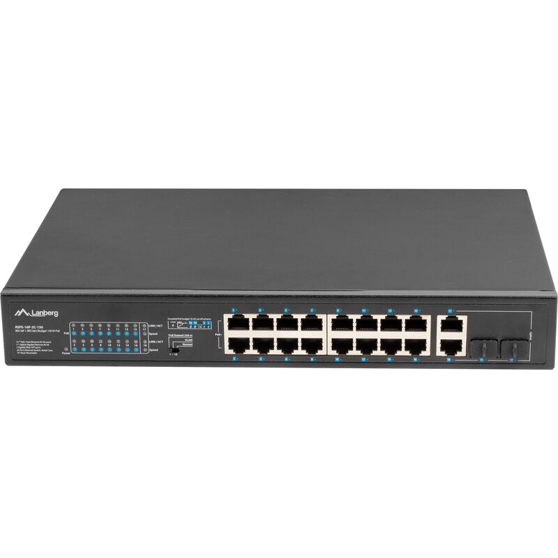 Lanberg Przełącznik Switch 16X100MB POE+/2XCombo niezarządzalny rack 19 cali Gigabit Ethernet 150W