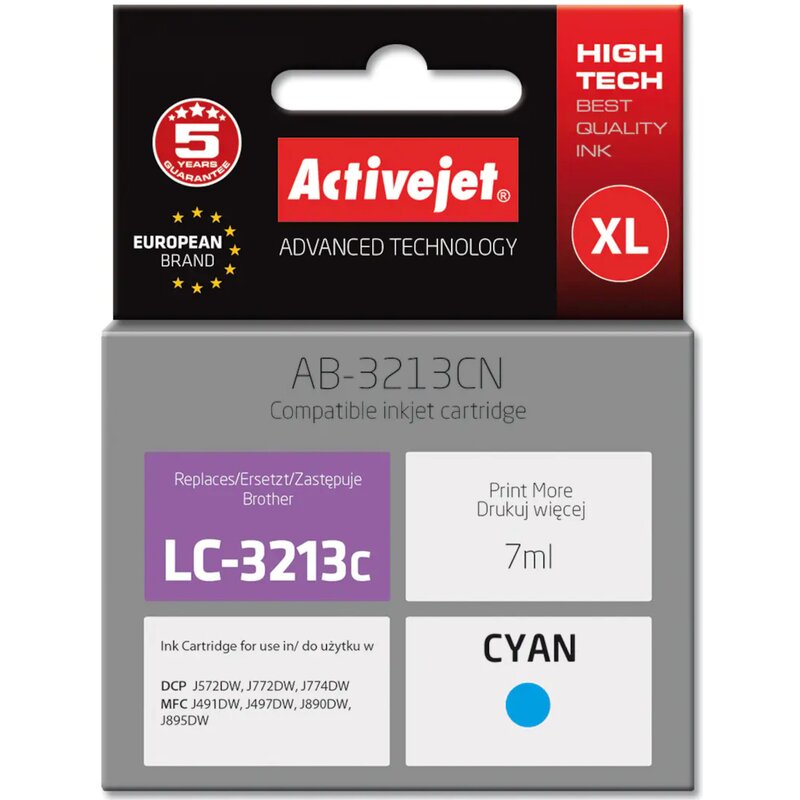 Activejet AB-3213CN Tusz do drukarki Brother, Zamiennik Brother LC3213C; Supreme; 7 ml; błękitny.