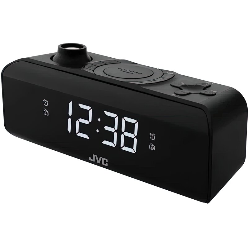 Radiobudzik JVC RA-E211B Czarny, Tuner FM/AM, Wyświetlacz LED, Projekcja czasu na ścianie, Zasilanie bateryjno-sieciowe