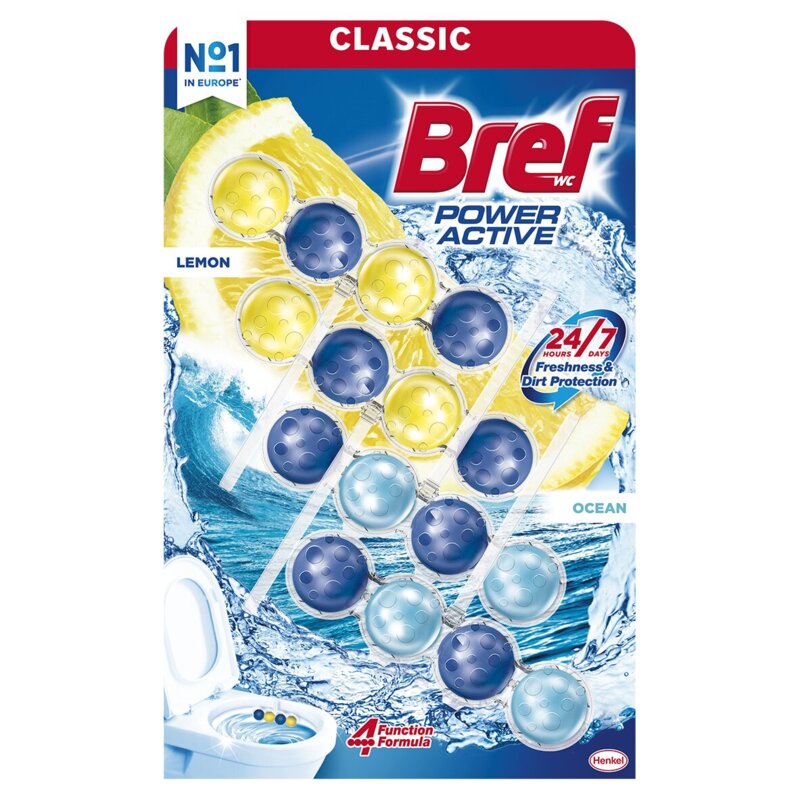 Kostka do WC BREF Power Aktiv Cytryna i Ocean 4x50g