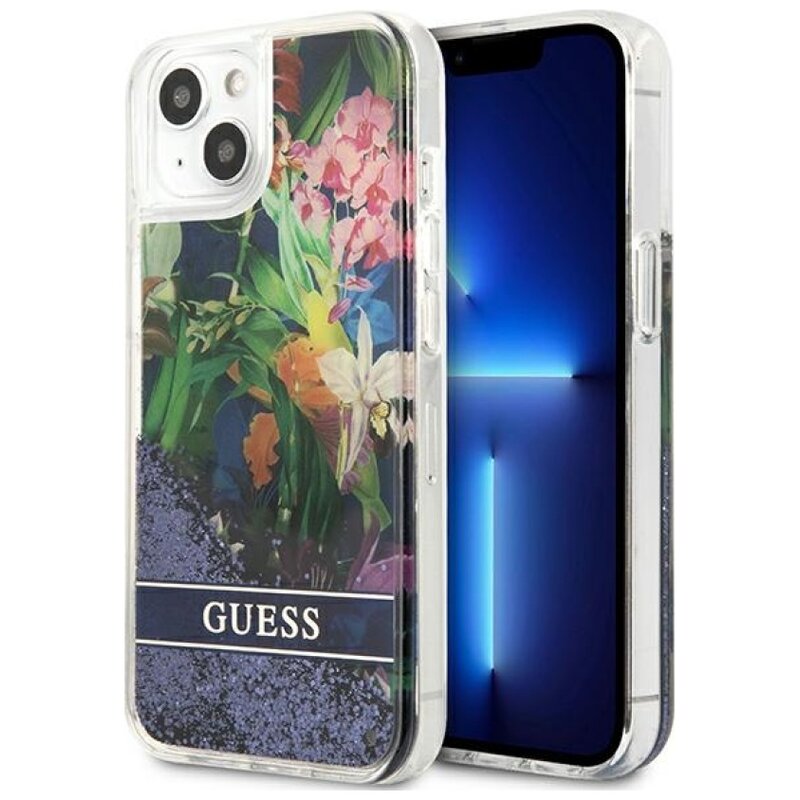 Etui GUESS Flower Liquid Glitter do Apple iPhone 13 Mini Niebieski