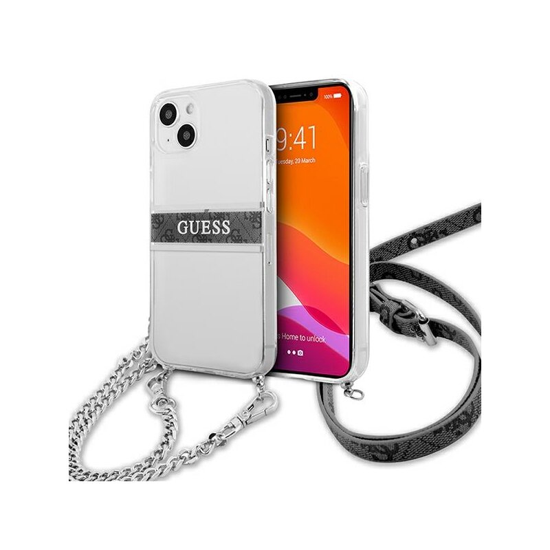 Etui GUESS 4G Silver Stripe Crossbody do Apple iPhone 13 Mini Przezroczysty