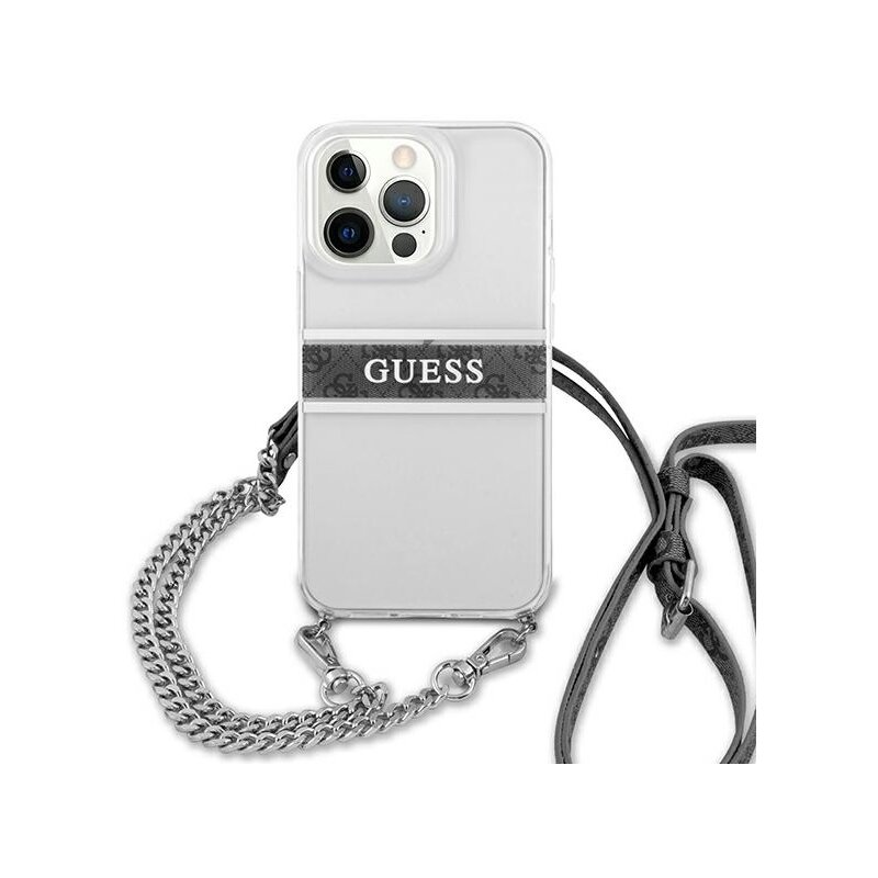 Etui GUESS 4G Silver Stripe Crossbody do Apple iPhone 13 Pro Przezroczysty