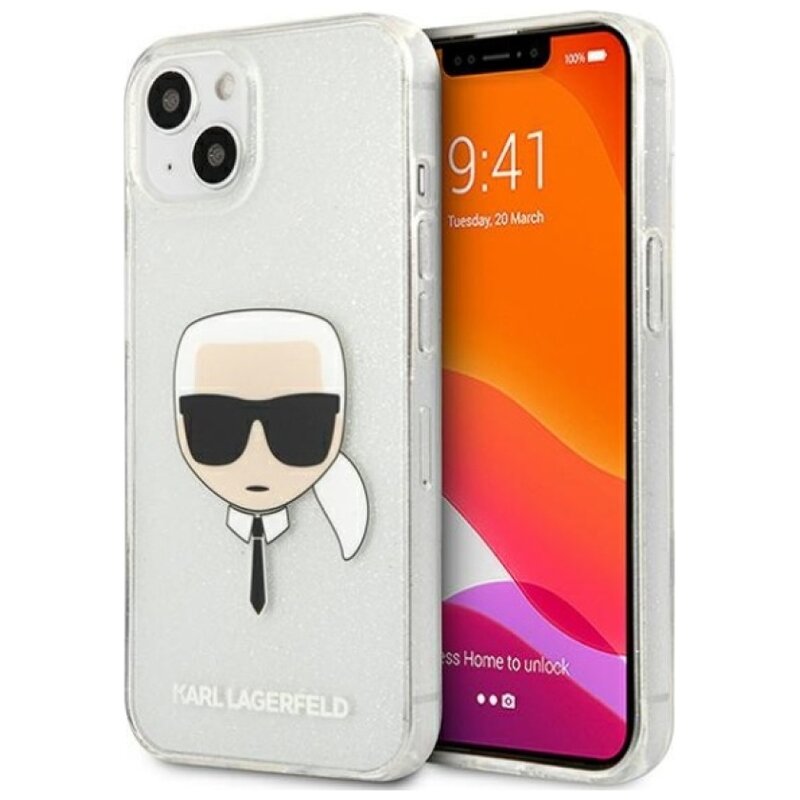 Etui KARL LAGERFELD Glitter Karl's Head do Apple iPhone 13 Mini Srebrny