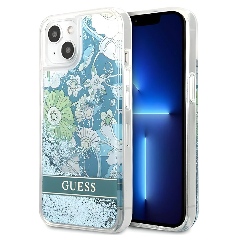 Etui GUESS Flower Liquid Glitter do Apple iPhone 13 Zielony