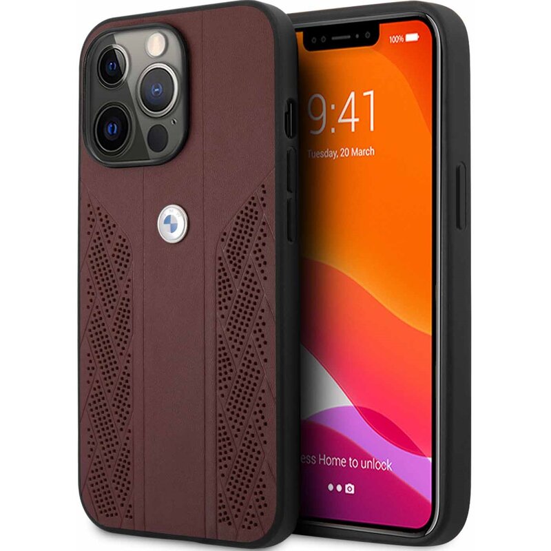 Etui BMW Leather Curve Perforate do Apple iPhone 13 Pro Max Czerwony