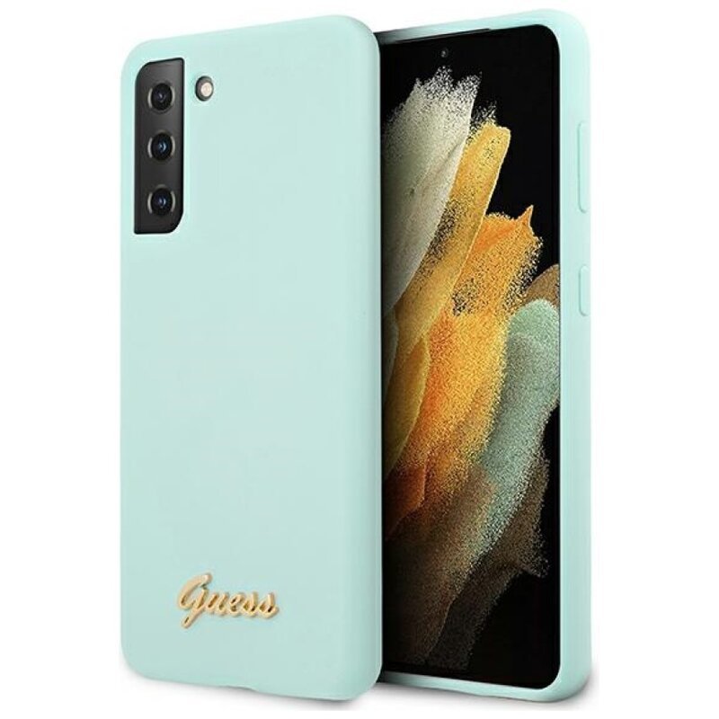 Guess Silicone Script Gold Logo do Samsung Galaxy S21+ Niebieski