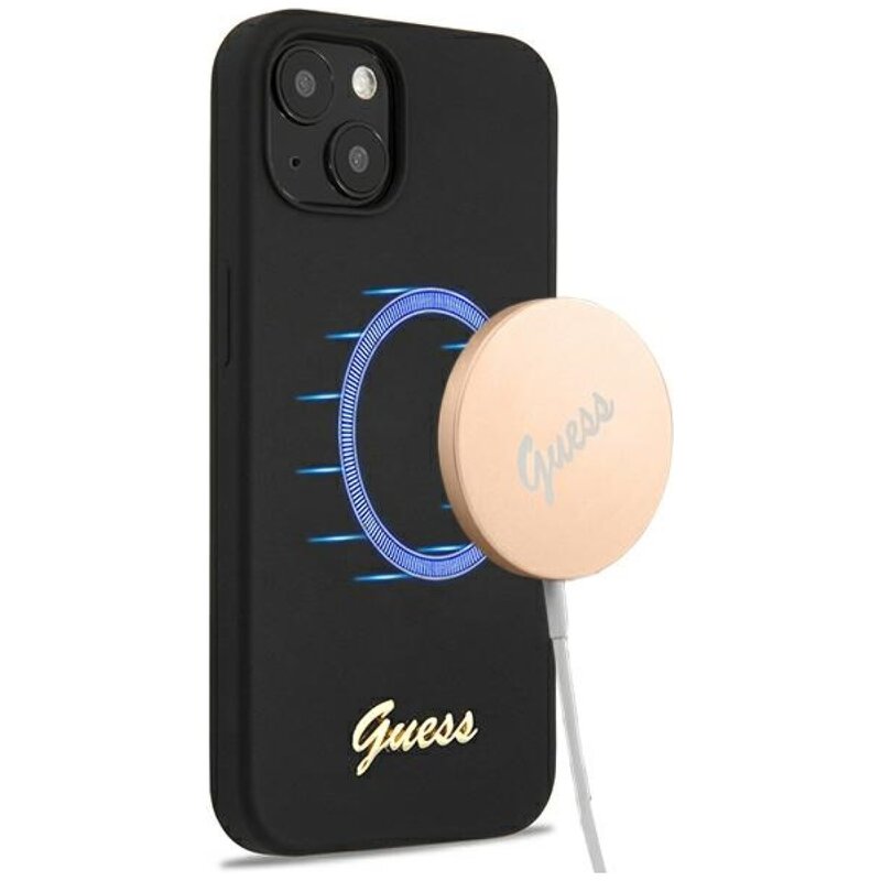 Etui GUESS Silicone Script Gold Logo MagSafe do Apple iPhone 13 Czarny