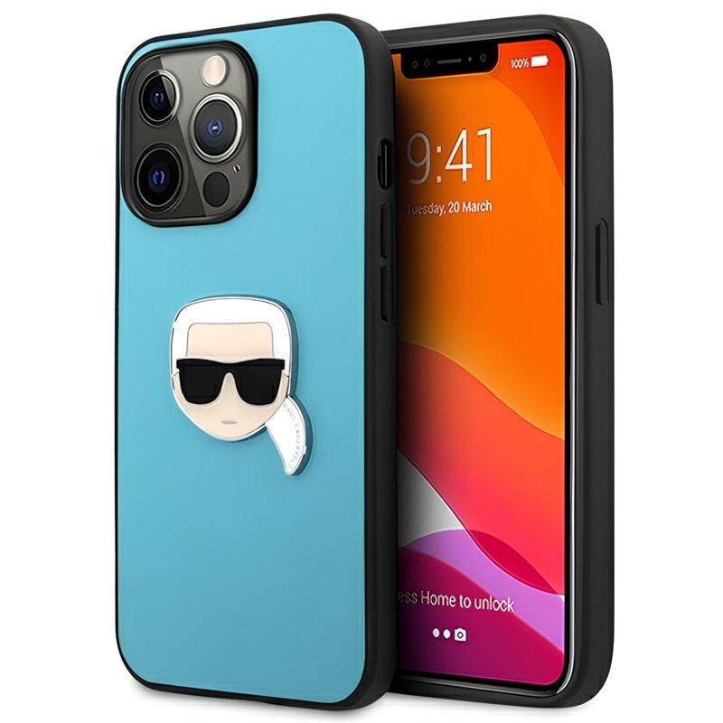 Etui KARL LAGIERFELD Leather Ikonik Karl's Head Metal do Apple iPhone 13 Pro Max Niebieski