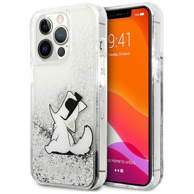 Etui KARL LAGERFELD Liquid Glitter Choupette Fun do Apple iPhone 13 Pro Max Srebrny