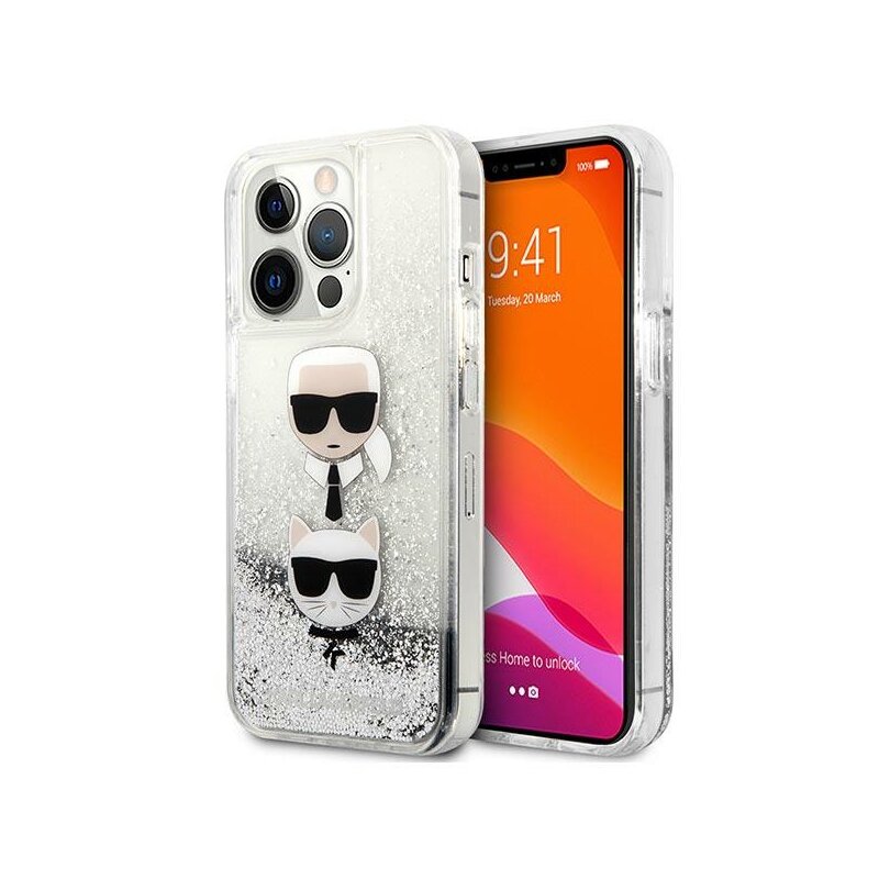 Etui KARL LAGERFELD Liquid Glitter Karl & Choupette Head do Apple iPhone 13 Pro Max Srebrny