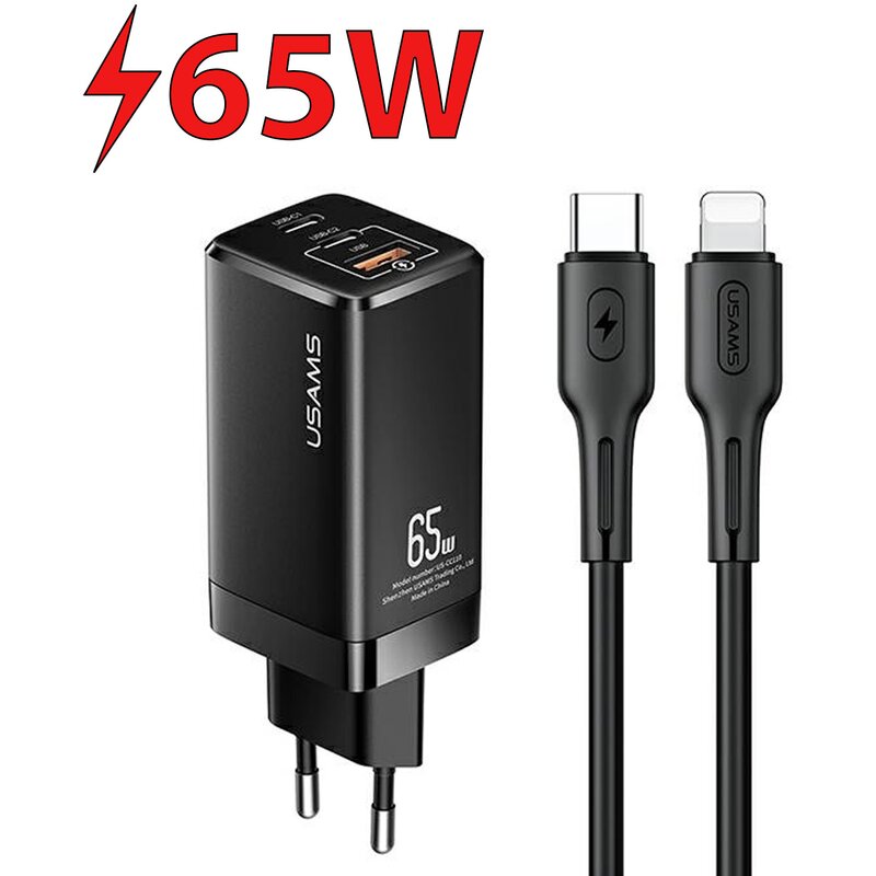 Ładowarka sieciowa USAMS T33 MTXLOGTL01 65W Czarny ładowarka do telefonu USB, USB-C + kabel