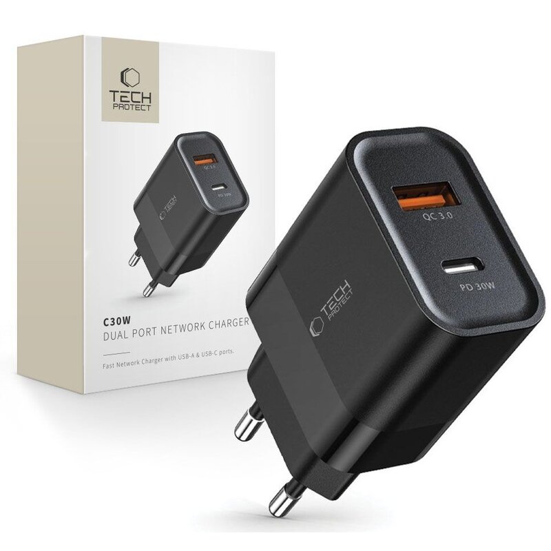 Ładowarka sieciowa TECH-PROTECT C30W 30W Czarny ładowarka do telefonu USB, USB-C