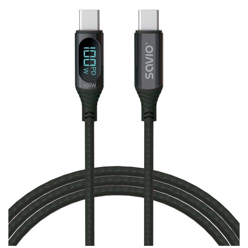 Savio CL-174 USB-C-USB-C 100W 1M + wyświetlacz cyfrowy Czarny
