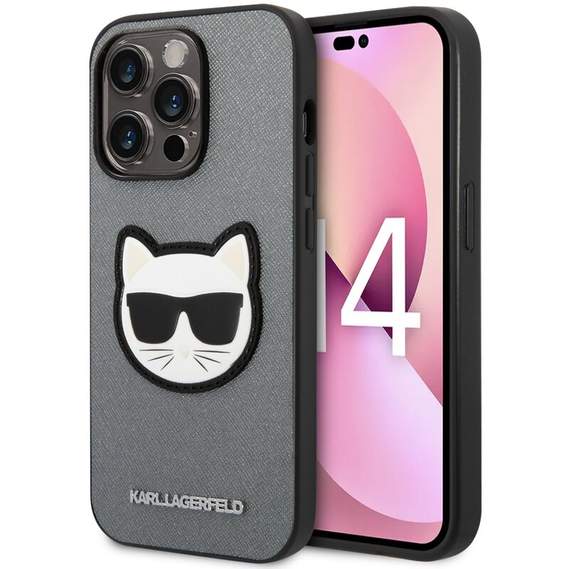 Etui KARL LAGERFELD Saffiano Choupette Head Patch do Apple iPhone 14 Pro Srebrny