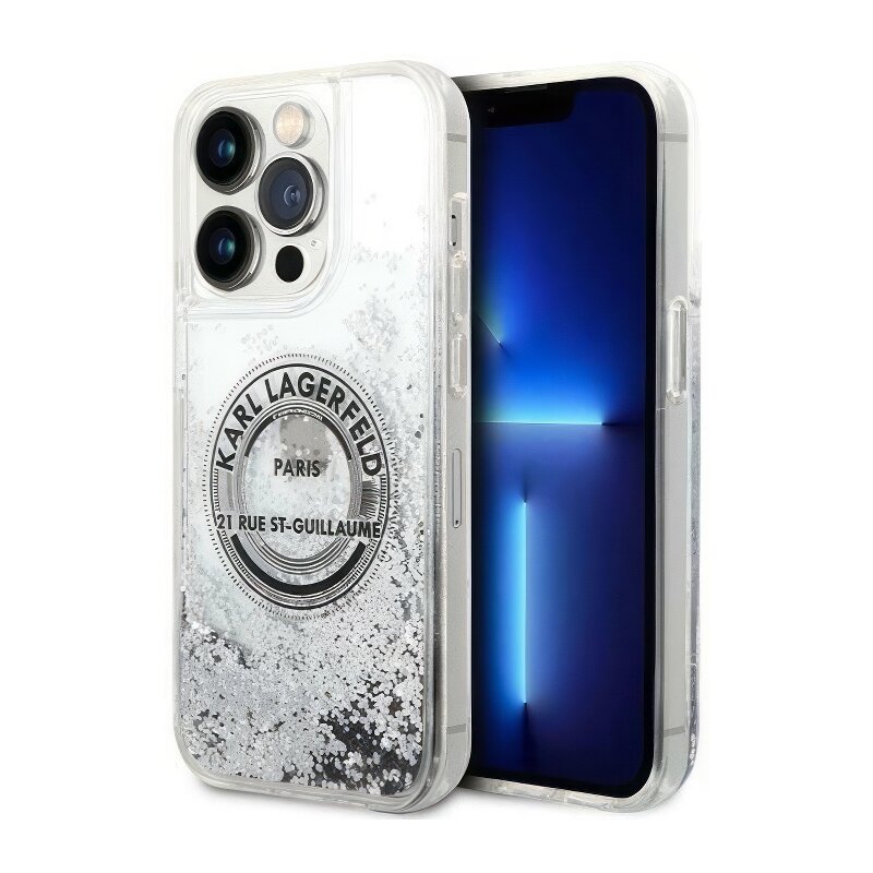 Etui KARL LAGERFELD Liquid Glitter RSG do Apple iPhone 14 Pro Max Srebrny
