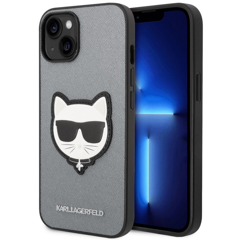 Etui KARL LAGERFELD Saffiano Choupette Head Patch do Apple iPhone 14 Plus Srebrny