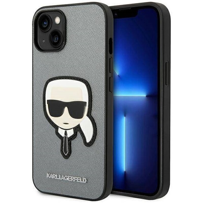 Etui KARL LAGERFELD Saffiano Karl's Head Patch do Apple iPhone 14 Plus Srebrny