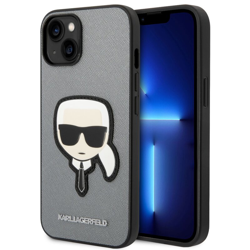 Etui KARL LAGERFELD Saffiano Karl s Head Patch do Apple iPhone 14 Srebrny