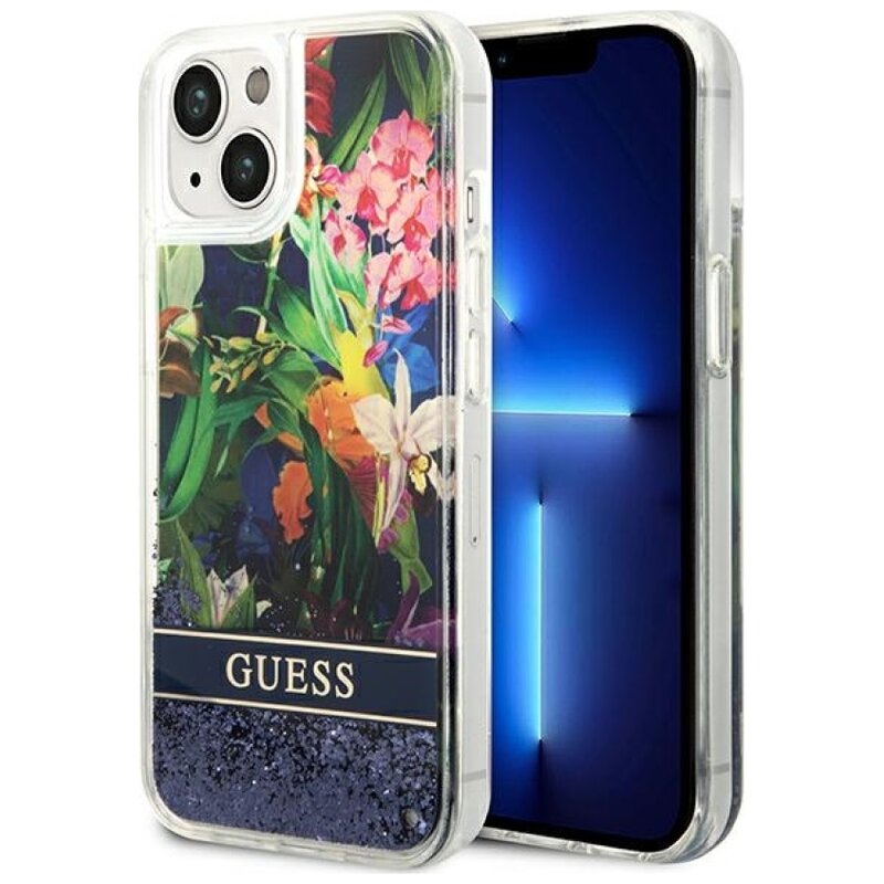 Etui GUESS Flower Liquid Glitter do Apple iPhone 14 Plus Niebieski
