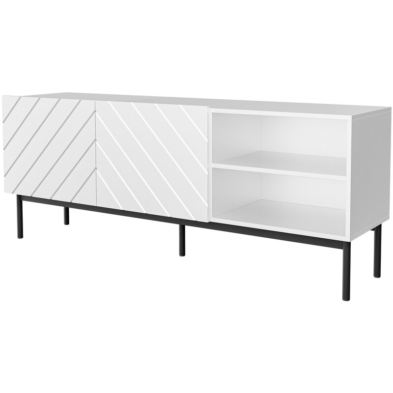 Szafka RTV ABETO na czarnym stelażu ze stali 150x42x60 biały/biały połysk