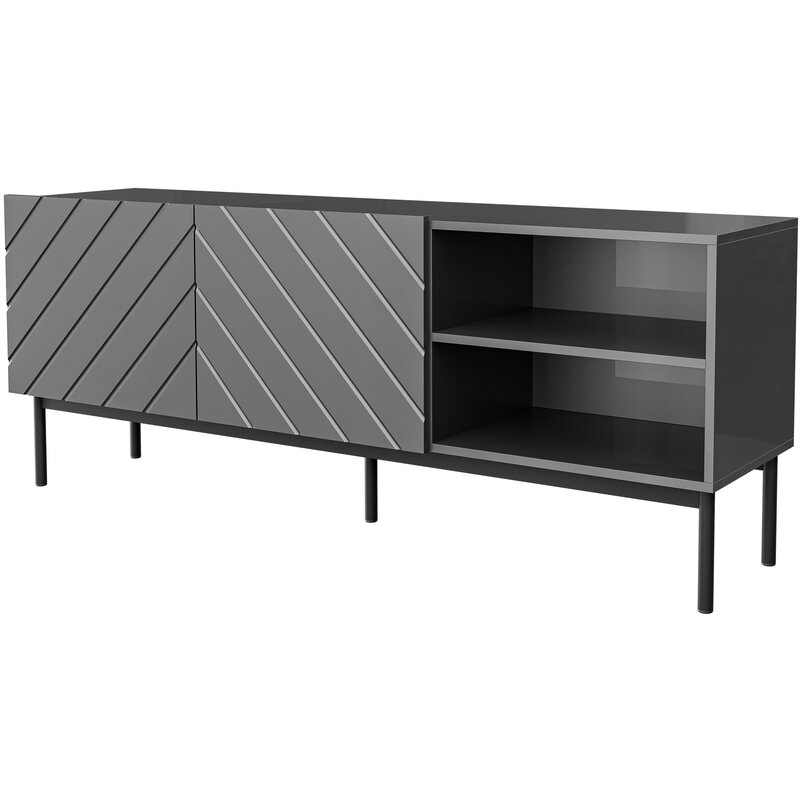 Szafka RTV ABETO na czarnym stelażu ze stali 150x42x60 grafit/grafit połysk