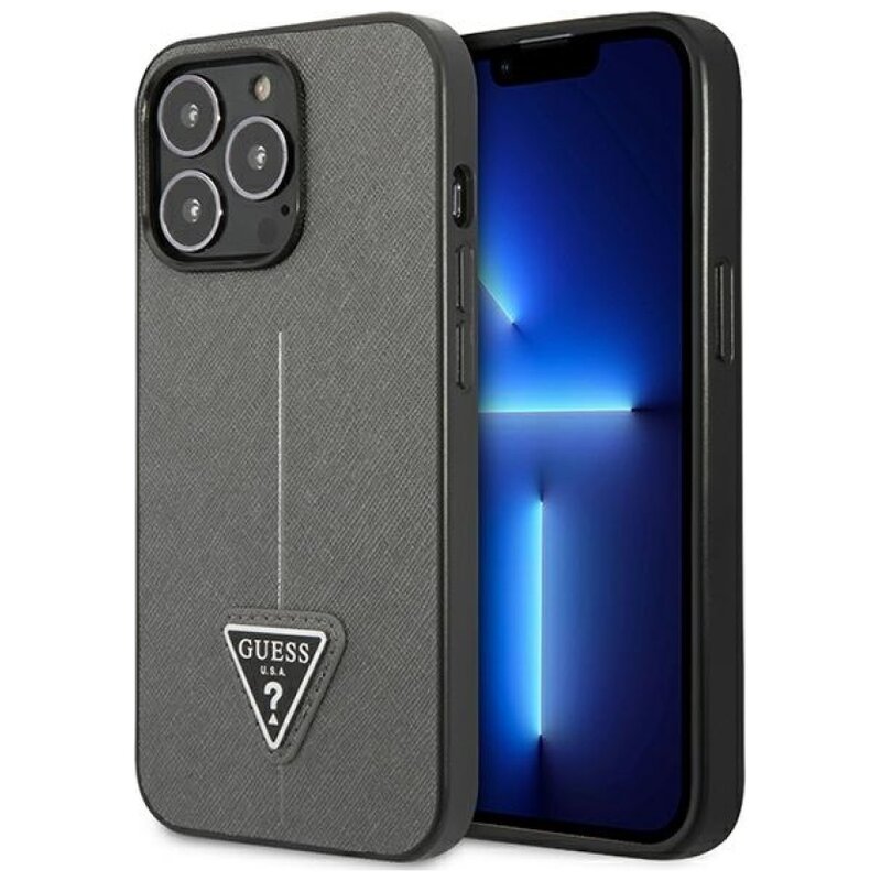 Etui GUESS Saffiano Triangle Logo do Apple iPhone 14 Pro Srebrny