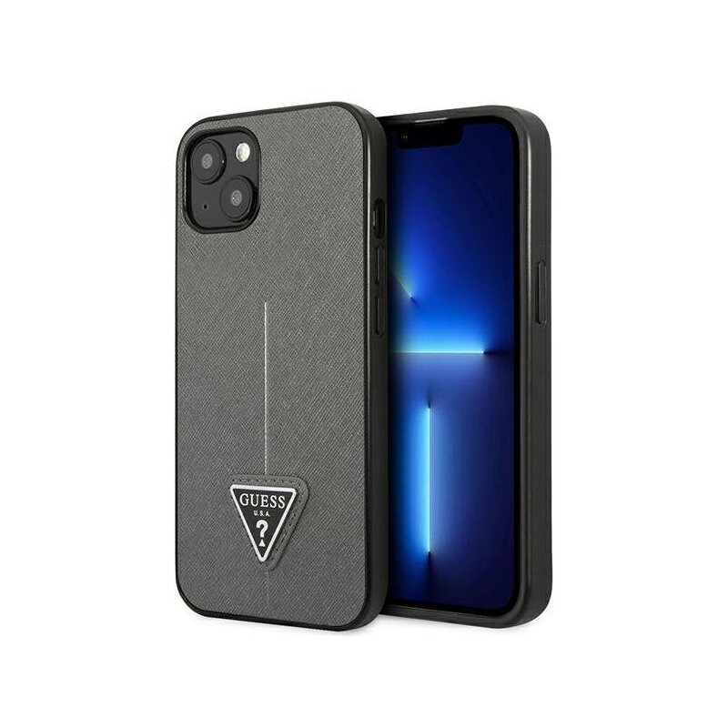 Etui GUESS Saffiano Triangle Logo do Apple iPhone 14 Plus/15 Plus Srebrny