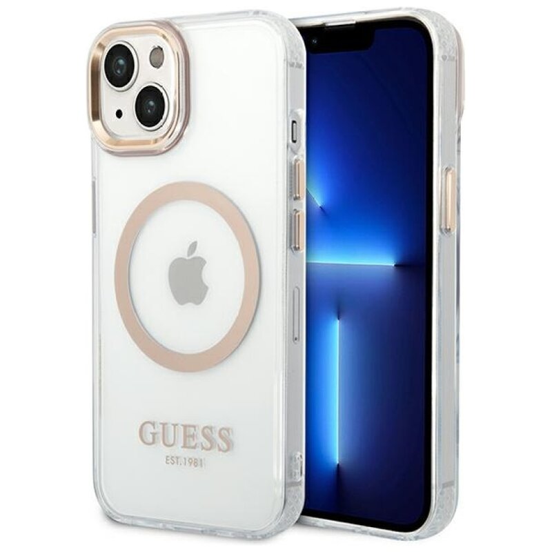 Etui GUESS Metal Outline MagSafe do Apple iPhone 14 Plus Przezroczysto-złoty