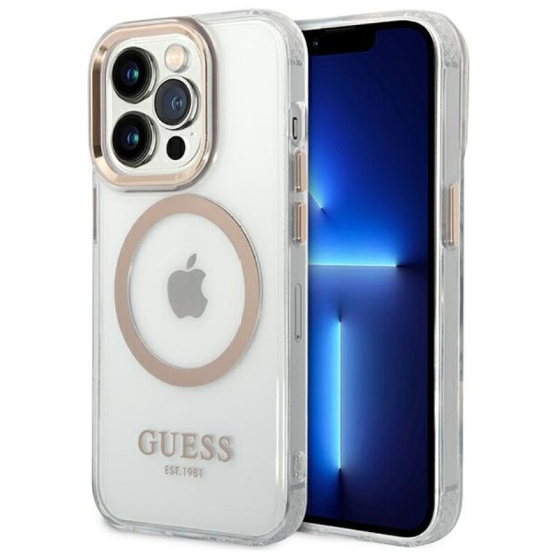 Etui GUESS Metal Outline MagSafe do Apple iPhone 14 Pro Przezroczysto-złoty