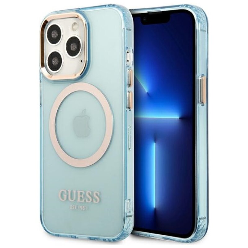 Etui GUESS Gold Outline Translucent MagSafe do Apple iPhone 13 Pro Niebieski