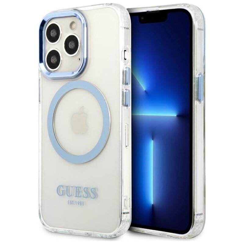Etui GUESS Metal Outline MagSafe do Apple iPhone 13 Pro Przezroczysto-niebieski