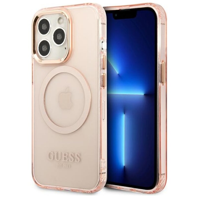Etui GUESS Gold Outline Translucent MagSafe do Apple iPhone 13 Pro Max Różowy